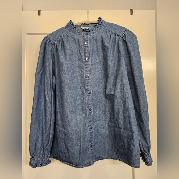 St. John's Bay Tops - St Johns Bay Chambray Pleates-Collar and Cuff Top